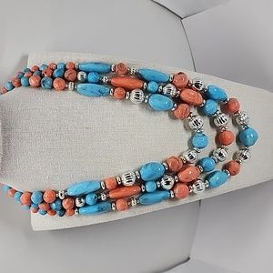 Faux Turquoise Coral Silver Beaded Acrylic Necklace
